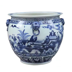Grande <span class=keywords><strong>jardinière</strong></span> en céramique chinoise antique peinte à la main motif <span class=keywords><strong>de</strong></span> poisson bleu et blanc Pots <span class=keywords><strong>de</strong></span> fleurs et jardinières d'intérieur et d'extérieur - Product Image 2