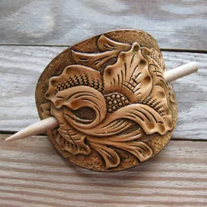HOT SALE customization leather carved hair barrette with flower as gift for girl