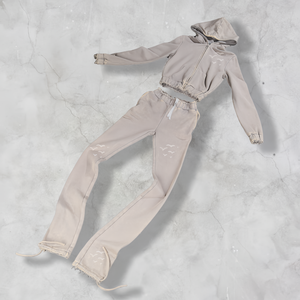 Ensemble de survêtements courts à capuche zippés et de pantalons droits personnalisés de haute qualité vêtements de rue deux pièces pour femmes en détresse - Product Image 5