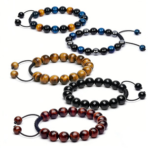 Gelang Makrame Batu Alam Asli Desain Buatan Tangan, Manik-manik Batu Akik Hitam dan Tiger Eye, Dapat Disesuaikan untuk Pria - Product Image 1