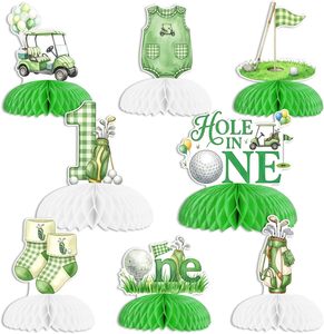 Set di 8 Centrotavola a Nido d'Ape 'Hole in One' per Primo Compleanno a Tema Golf, Decorazione da Tavolo Verde a Quadretti per Primo Compleanno di Bambino - Product Image 1