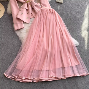 Women's 2 Two-Piece Too Suit & Tulle Mesh Skirt <b>Set</b> Rhinestone Embellished <b>Tie</b>-Waist Party Outfit Fashion - Product Image 6