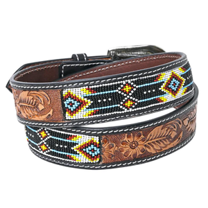 Cinturón de cuero Unisex occidental marrón oscuro Vintage Premium tallado a mano con cuentas amarillas con hebilla de aleación Premium Direct India - Product Image 2