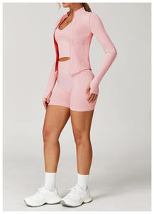 Spor ter emici ceket Yoga seti kadın giysileri fermuar uzun kollu üst Yoga tayt koşu 2 adet spor salonu seti - Product Image 6