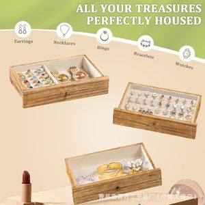 Boîte à bijoux en bois massif 13,58x10,83x6,1 pouces, rangement multi-niveaux avec porte en verre pour boucles d'oreilles, bagues, colliers, bracelets - Product Image 4