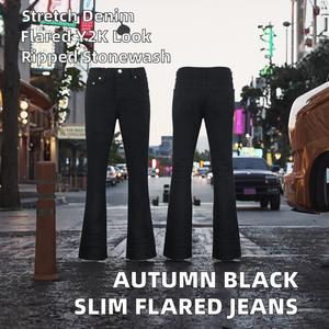 Jeans de mezclilla elásticos negros de corte ajustado estilo Y2K vintage de punto acampanados para hombre - Novedad de otoño en stock - Product Image 2