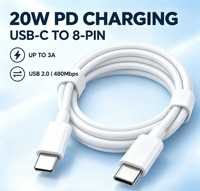 Kabel Data Pengisian Daya 20W PD USB C ke 8-Pin 3A TPE Lembut USB 2.0 480Mbps 1M 1.5M 2M Grosir