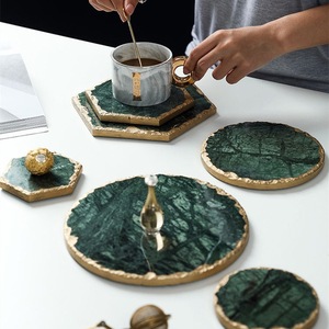 Emerald Natural <strong>Marble</strong> Gold Edge <strong>Coaster</strong> Hexagon Insulated Tea <strong>Coaster</strong> Round Real <strong>Marble</strong> Tray for Kitchen Luxury Table Decor - Product Image 1