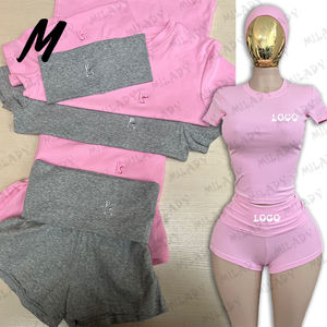 Set da <span class=keywords><strong>donna</strong></span> 2025 Set da salotto con Logo personalizzato camicie di cotone abbigliamento estivo da <span class=keywords><strong>donna</strong></span> pantaloncini in due pezzi completi abbinati a fascia - Product Image 4