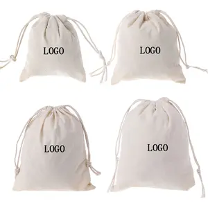 Bolsa de algodón de muselina orgánica respetuosa con el medio ambiente personalizada bolsa de lona pequeña promocional con cordón con logotipo impreso