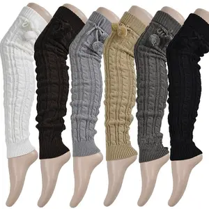 Leggings Jacquard pour femmes, bottes chauffantes, en Crochet, chaussettes tricotées, chaudes, à cuisse haute avec Pom Pom, hiver,