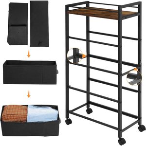 Clothing Organizer 4 Layers Black Metal Frame With Wheels And Wooden Top For <b>Storage</b> And Organization - Product Image 1
