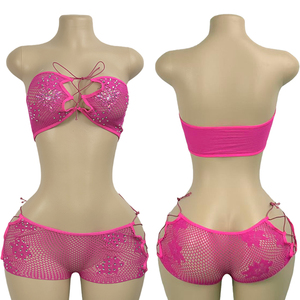Tenues de club pour femmes, ensemble sexy deux pièces, ensemble sexy à bretelles avec diamants, vêtements de danse exotiques en résille, tenue de strip-teaseuse - Product Image 3