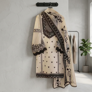 Ensemble de costume AGHA NOOR pour femmes, composé de 3 pièces : chemise en mousseline de soie brodée et dupatta en tissu khaddi brodé, BIC-4557 - Product Image 2