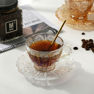 Set di <span class=keywords><strong>Tazze</strong></span> <span class=keywords><strong>da</strong></span> Caffè e Piattini in Vetro con Bordo Dorato, Design Creativo con Motivo Solare, Stile Europeo <span class=keywords><strong>Vintage</strong></span> con Fiori Intagliati - Product Image 2