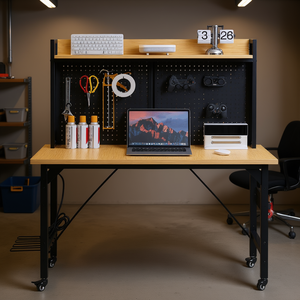 <b>Wooden</b> Desktop Workbench 48'' Adjustable <b>Pegboard</b> 1600 Lb Capacity Rolling Office Furniture With Hooks Shelf - Product Image 2