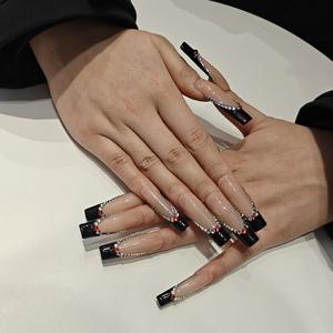 Unghie Finte Muhaha Trend Design, Lunghe a Forma di Bara, Nere con Strass e Punta Francese - Product Image 5
