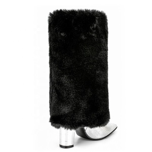Bottines d'hiver à talons épais et fourrure épaisse, grande taille 44, pour femme, à bout pointu, style western plissé et fourrure. - Product Image 3