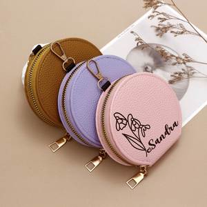 Personalized Leather Fashion Coin Purse Custom Engraved Name Flower Design Small Zippered <b>Wallet</b> <b>Keychain</b> Daily Use - Product Image 2