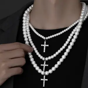 Hip Hop Fashion Men's Imitation 10mm Big Faux Pearl Beaded Clavicle Chain Personalized Rhinestone Cross Necklace For Men