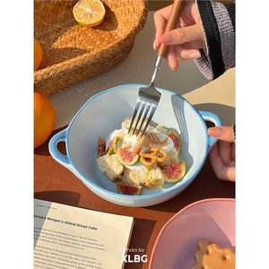 Bol à salade en céramique avec doubles poignées, bord rose et bleu, vaisselle pour la maison, pour nouilles, riz, soupes, été 2021 - Product Image 2