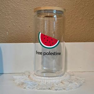Gobelet personnalisé en forme de pastèque pour le Ramadan, avec couvercle et paille, pour les musulmans, en verre, thème Palestine - Product Image 3