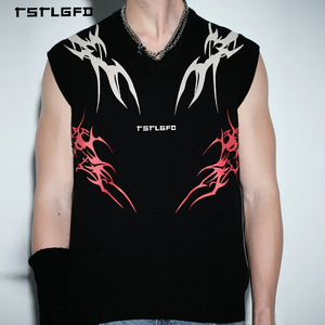 <span class=keywords><strong>Gilet</strong></span> da Uomo <span class=keywords><strong>Nero</strong></span> Personalizzato Senza Maniche Stile Y2K Streetwear in Maglia con Ampia Stampa Tribale a Fiamma <span class=keywords><strong>e</strong></span> Scollo a V Vestibilità Ampia - Product Image 3