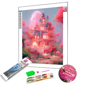 Populair Handwerk Landschap Roze Droomkasteel Ronde Full Drill Unframed Diamond Painting Kits Woondecoratie