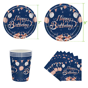 Vaisselle de fête d'anniversaire bleu marine et rose, assiettes, gobelets et serviettes de 7 et 9 pouces, ensemble jetable de haute qualité pour célébration - Product Image 1