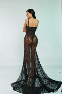 Abito da sera elegante e sexy da donna 2025, nuovo modello alla moda, in pizzo all'uncinetto, con scollo all'americana, traforato, trasparente, slim, con ricamo 3D - Product Image 3