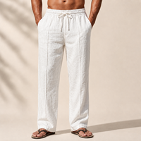 Pantalon en lin blanc pour homme, avec cordon de serrage sur la couture avant, coupe large, idéal pour la plage et les vacances, personnalisable OEM