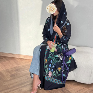Elegante Vestido Árabe Modesto para <span class=keywords><strong>Mujer</strong></span>, Estampado Floral, Manga Larga, Holgado, de Poliéster, Abaya Marroquí, Traje Musulmán para Fiesta - Product Image 4
