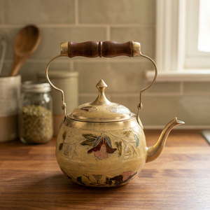Vintage Brass <b>Kettle</b> With Wooden Handle Floral Enamel Design Water Pot With Lid - Product Image 6