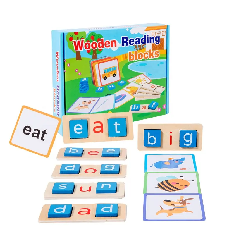 Blocchi di lettura in legno giocattolo Montessori lettere inglesi lettere di lettura corte vowel ordinamento parole di ortografia gioco di flashcard per bambini