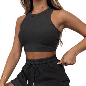 Ensemble 2 pièces côtelé respirant pour femme, col rond, crop top et short taille mi-haute, vente en gros, commande OEM, faible MOQ - Product Image 6