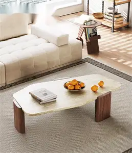 "luxury coffee table XMJ FURNITURE Modern design living room furniture irregular shape travertine walnut wood leg center tea tab