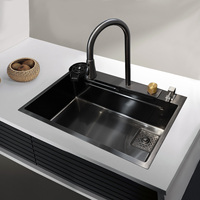 Évier de cuisine extérieur intelligent et moderne en acier inoxydable 304, avec porte-couteaux, lave-tasses et robinet cascade multifonction, à cuve unique