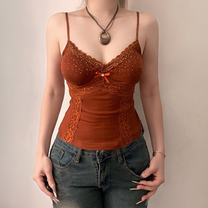 2026 Y2K Breathable Knitted Lace <b>Patchwork</b> Tank <b>Top</b> Womens Vintage Slim Fit Sleeveless Camisole - Product Image 5