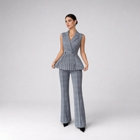 Ensemble 2 pièces élégant pour femme : Gilet plissé sans manches à col en V et pantalon évasé taille haute boutonné, anti-plis, à double boutonnage