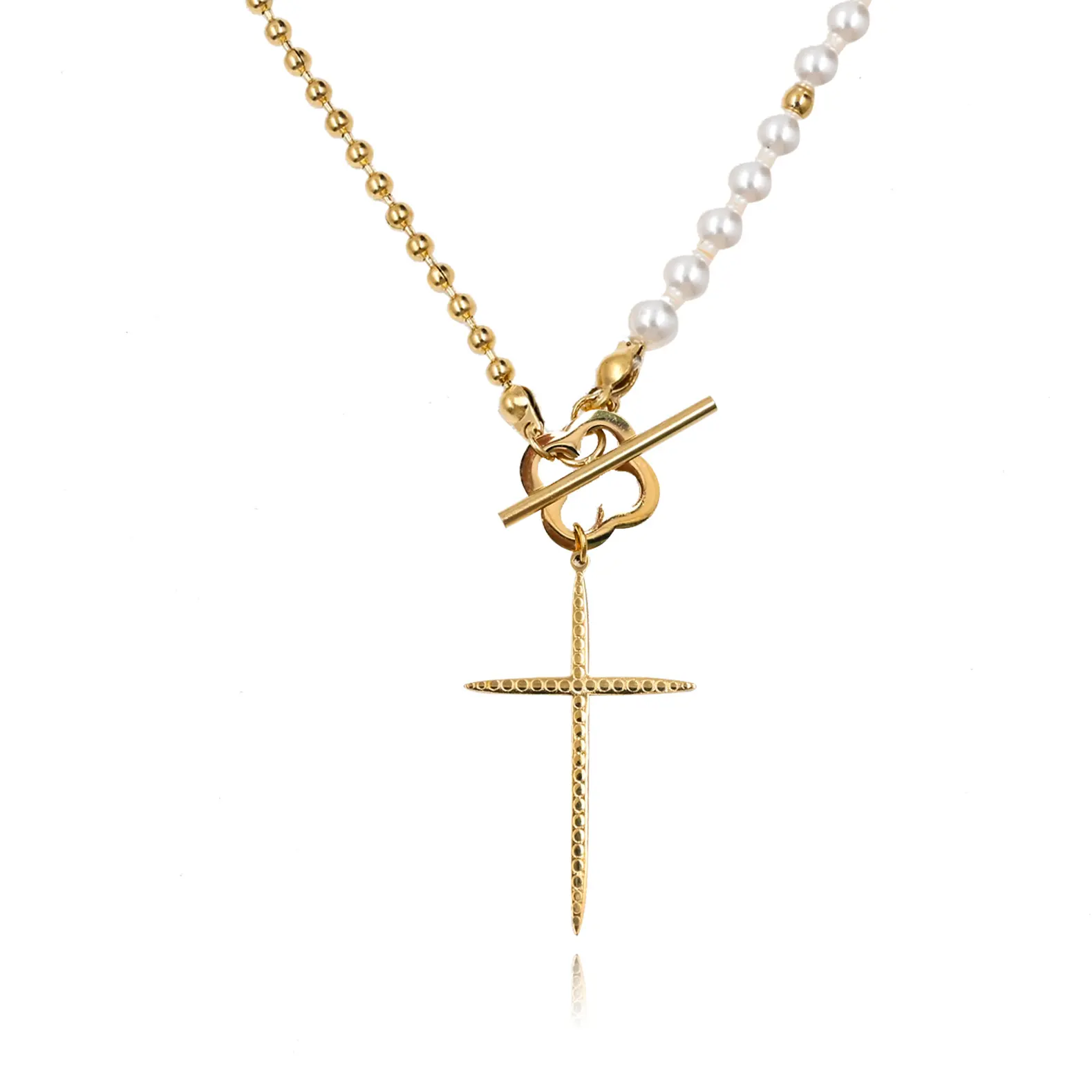 Wholesale Custom Gold Plated Stainless Steel Imitation Pearl Beaded Chain Necklace Cross Pendant Jewelry Necklace Bijoux