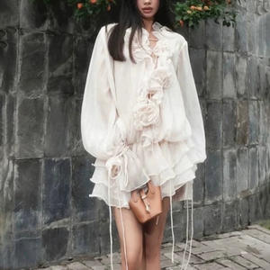 Women's New Floral Splicing Senior of Tie <b>Lantern</b> Sleeve Short Dresses Fashion - Product Image 1