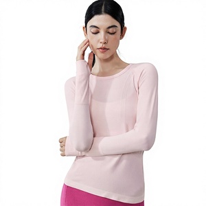 Camiseta Deportiva de Yoga para Mujer, Sin Costuras, Tejida, a Rayas, de Spandex/Nylon, Manga Larga, Cuello Redondo, Ajustada, para Correr y Hacer Ejercicio - Product Image 1