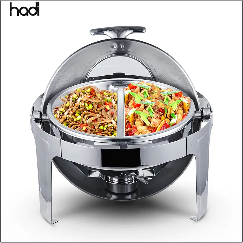 HADI Best Quality 1/2 Pan Metal Deluxe Food Display Stand Divider Pans Round Chafing Dish Buffet Heater with Roll Top Cover