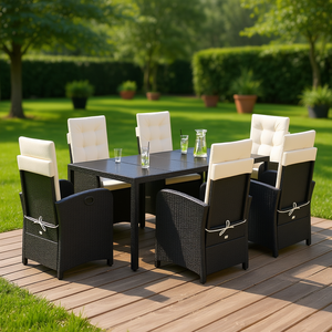 Set da pranzo da esterno nero e crema per 6 persone, in rattan, mobili da giardino contemporanei resistenti alle intemperie - Product Image 2