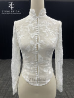 Robe de mariée sirène en polyester à col montant, style veste, avec appliques en dentelle ivoire et traîne chapelle pour cérémonies de mariage OEM ODM
