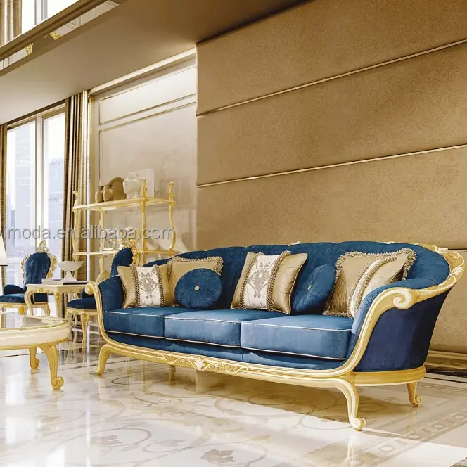 Sofá Chesterfield do couro genuíno do vintage do estilo barroco real ajustado para a sala de visitas Madeira maciça do hotel esculpida sofá clássico luxuoso