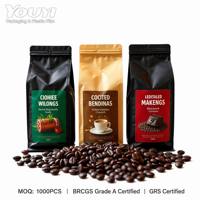 Sacs à café personnalisés imprimés, recyclables, de qualité alimentaire, résistants à l'humidité, à fond plat, avec valve, 250g, 500g, 1kg, pour grains de café