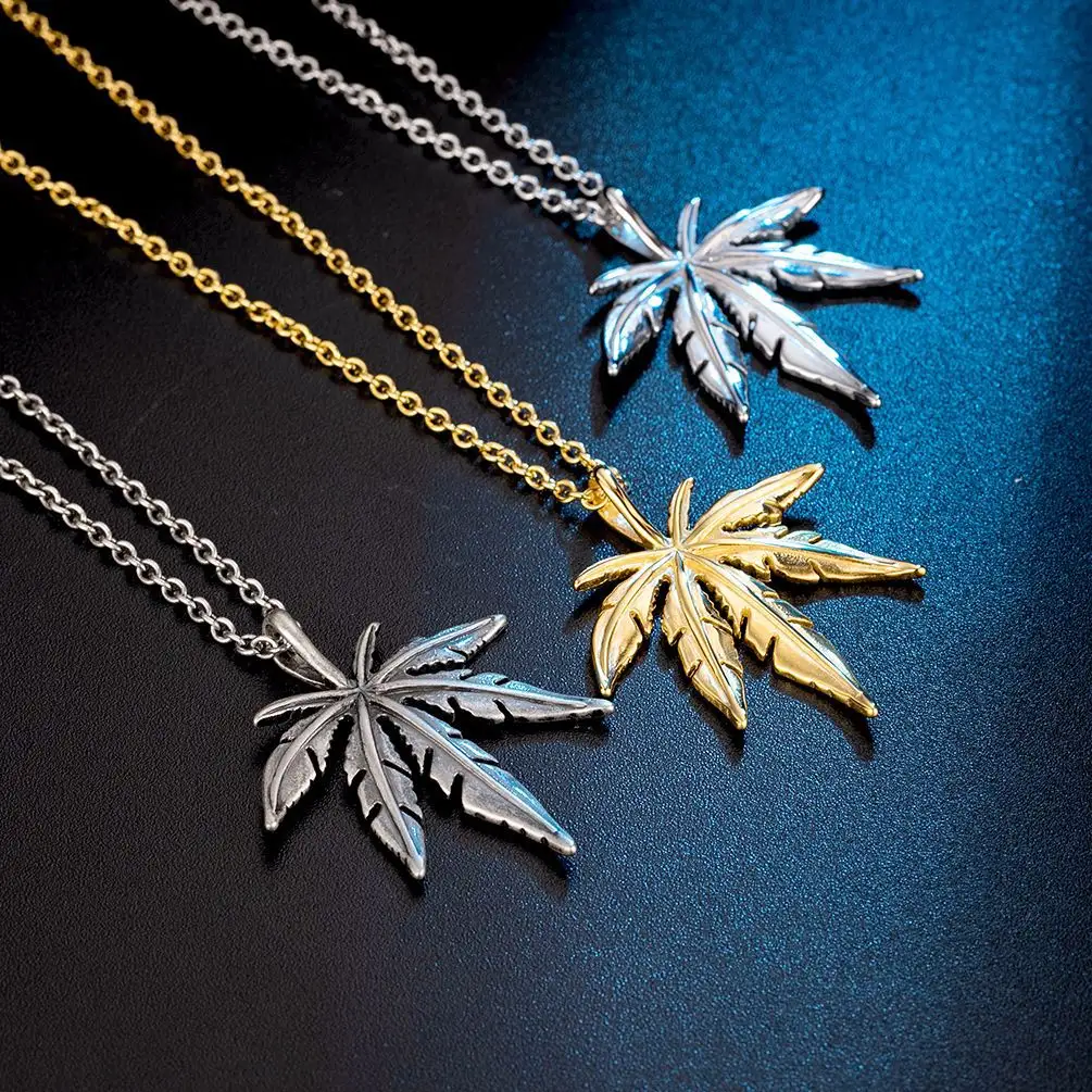 Hip Hop Silver Plated Stainless Steel Leaf Sweater Chain Titanium Steel Maple Leaf Pendant Necklace for Couple