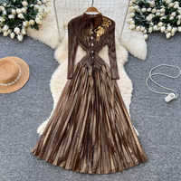 Robe décontractée élégante pour femme WIWT à manches longues, col montant, nœud plissé, coupe trapèze, avec décor floral, idéale pour le quotidien et les fêtes