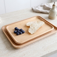 Ensemble de 2 plateaux de service rectangulaires en bois de hêtre, plateau à nourriture en bois naturel avec bords surélevés pour la cuisine, la table à manger